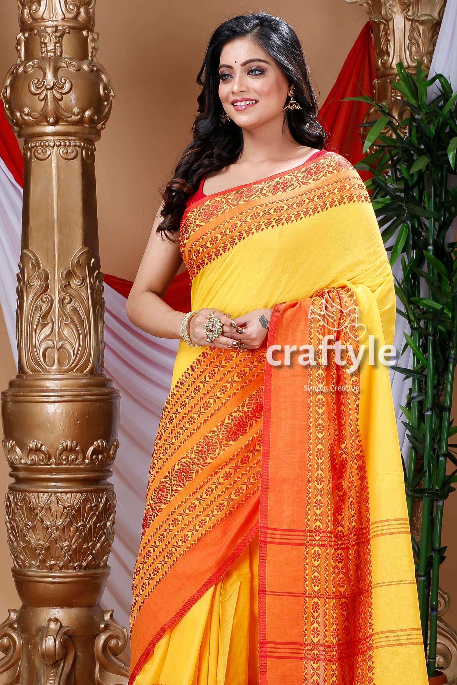 Yellow &amp; Red Begampuri Cotton Saree-Craftyle