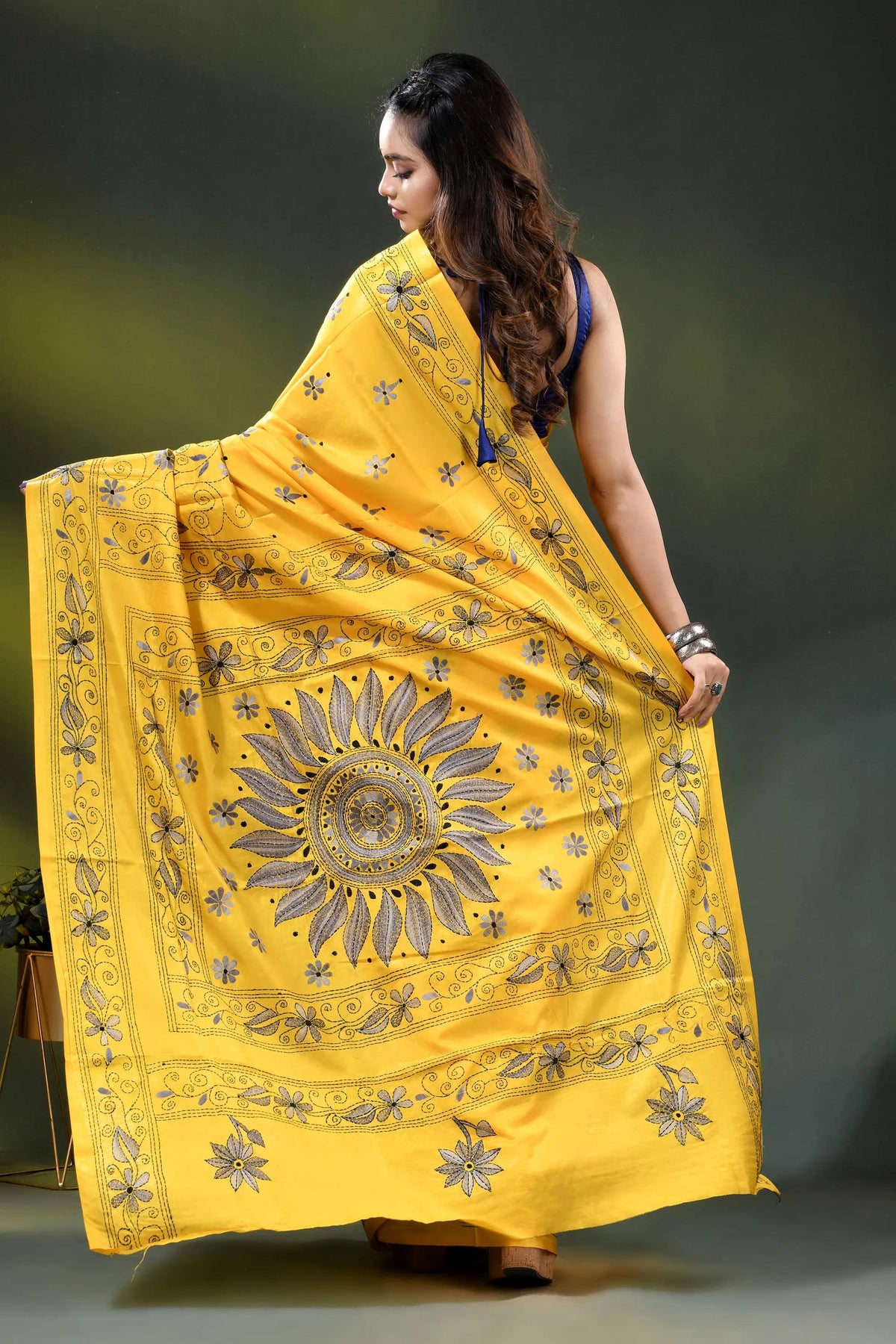 Yellow silk kantha stitch saree with hand embroidered floral motif 4