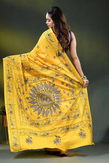 Yellow silk kantha stitch saree with hand embroidered floral motif 4