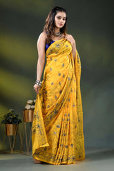 Yellow silk kantha stitch saree with hand embroidered floral motif 5