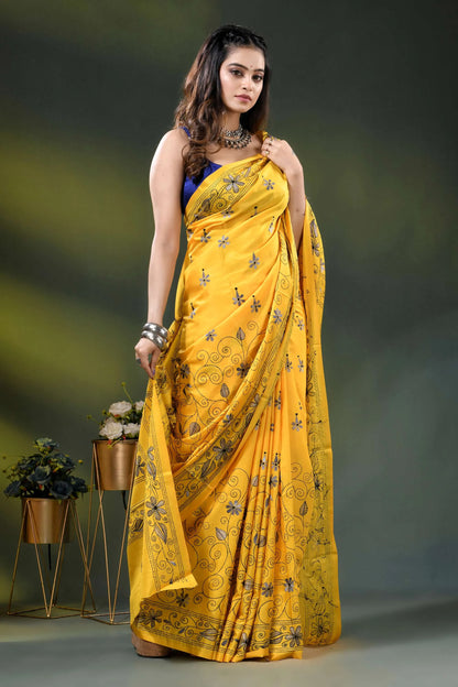 Yellow silk kantha stitch saree with hand embroidered floral motif 5