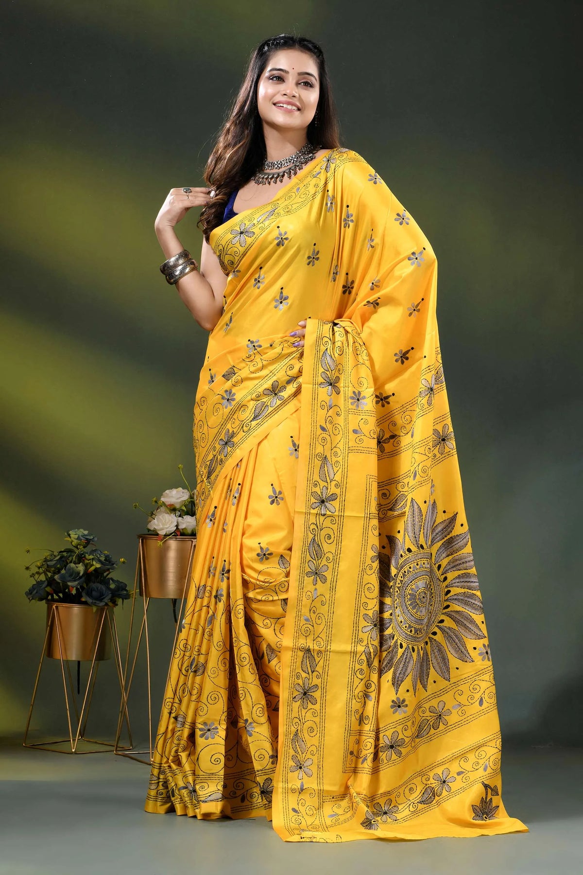 Yellow silk kantha stitch saree with hand embroidered floral motif 6