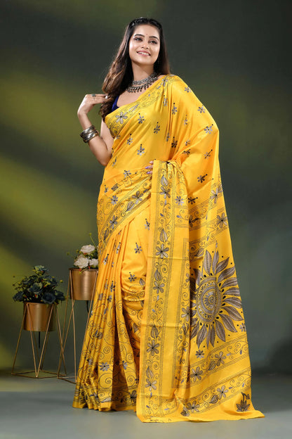 Yellow silk kantha stitch saree with hand embroidered floral motif 6