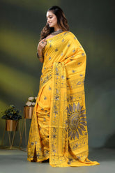 Yellow silk kantha stitch saree with hand embroidered floral motif 3
