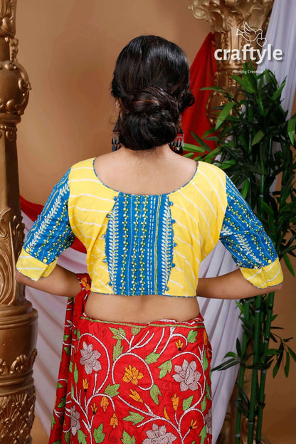 Yellow &amp; sky blue printed designer cotton blouse woman’s yellow blue blouse 2