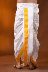 Yellow temple border mayur puchha pure cotton dhoti - ready to wear 3