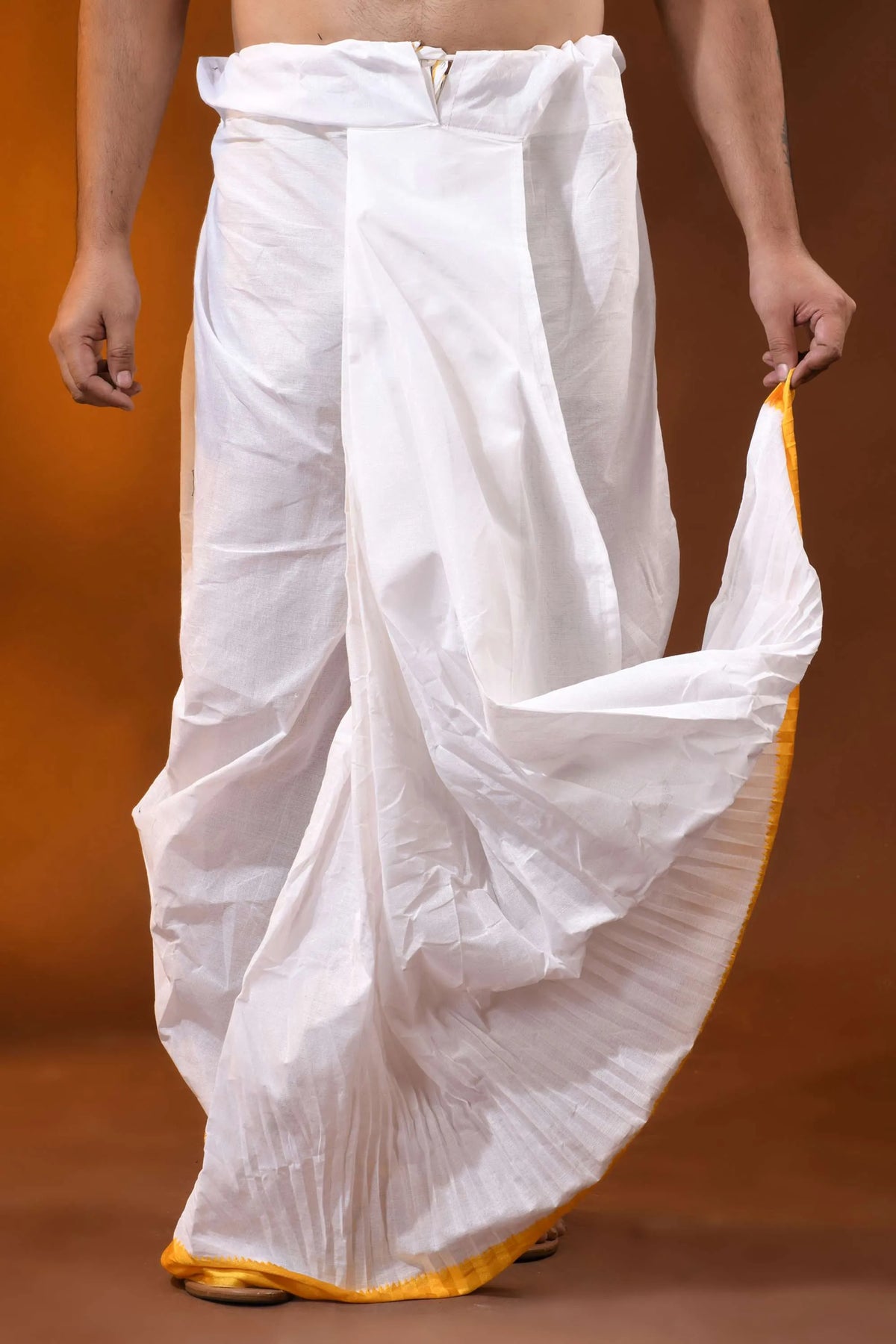 Yellow temple border mayur puchha pure cotton dhoti - ready to wear 1