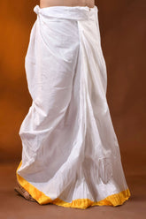 Yellow temple border mayur puchha pure cotton dhoti - ready to wear 2