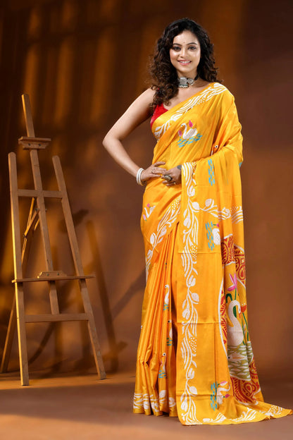 Yellowish orange multi-thread swan motif silk kantha work saree 1