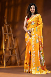 Yellowish orange multi-thread swan motif silk kantha work saree 7