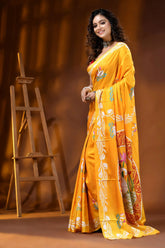 Yellowish orange multi-thread swan motif silk kantha work saree 3