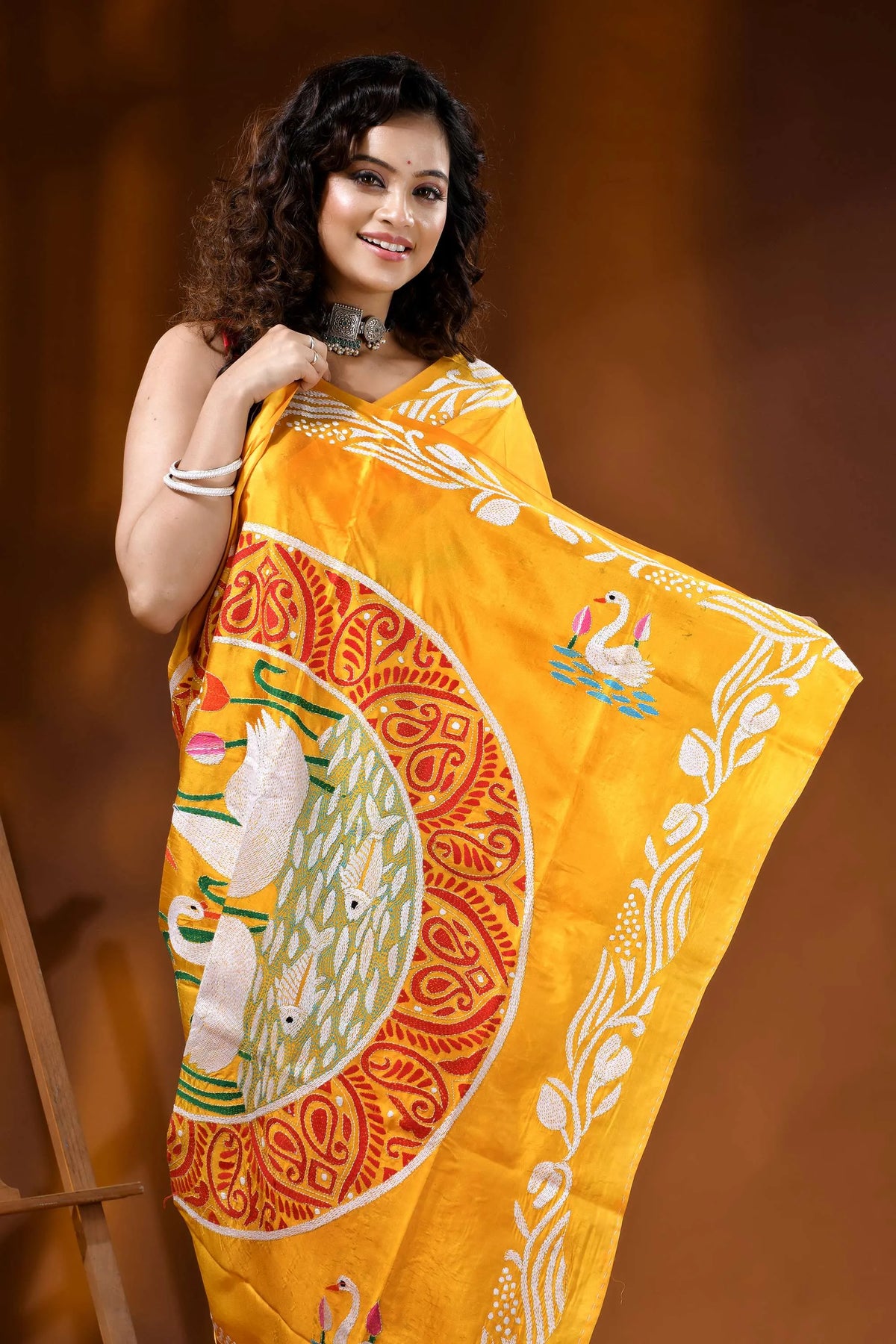 Yellowish orange multi-thread swan motif silk kantha work saree 2