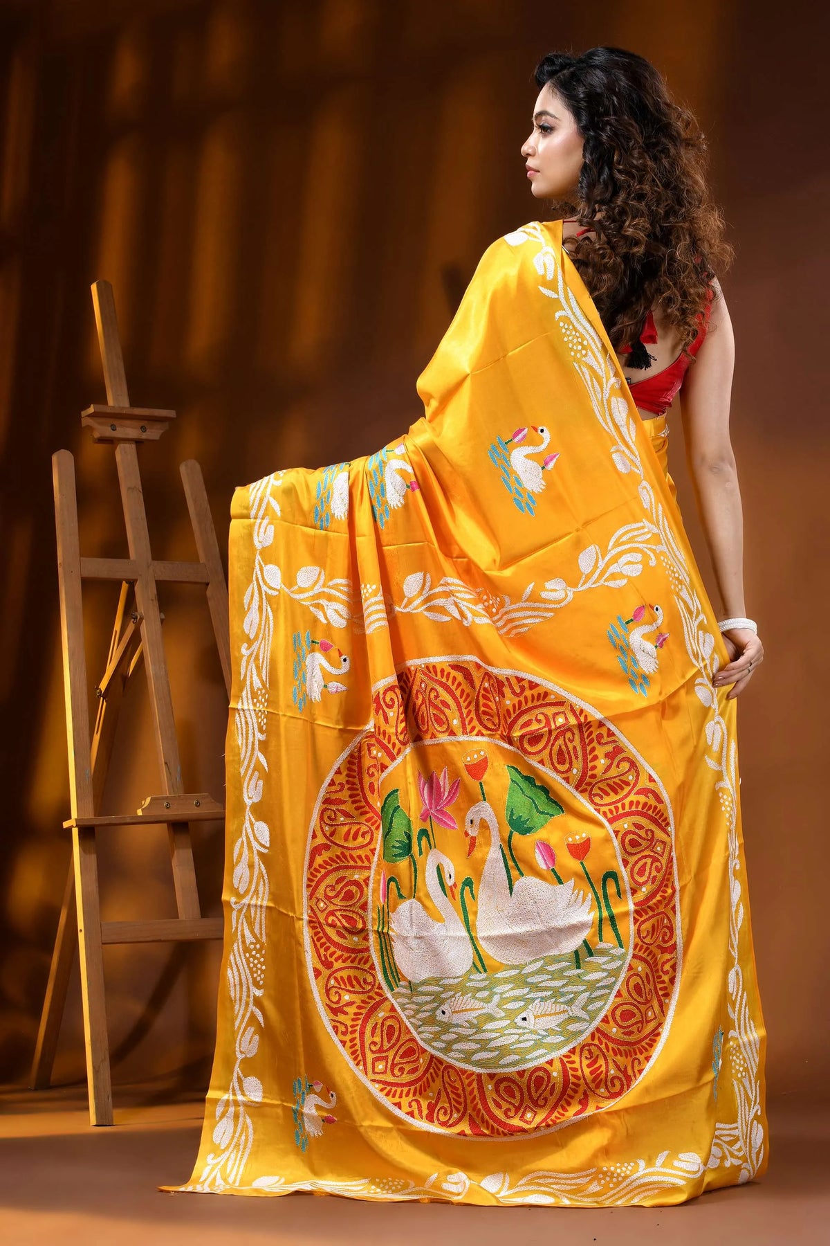 Yellowish orange multi-thread swan motif silk kantha work saree 5