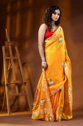 Yellowish orange multi-thread swan motif silk kantha work saree 6