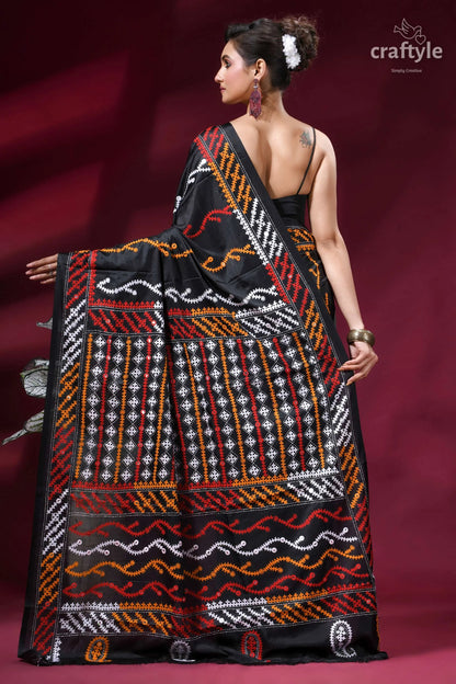 Zade black intricate gujrati stitched silk saree with mirror work black silk saree intricate geometric 4