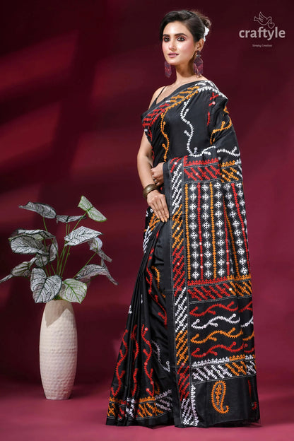 Zade black intricate gujrati stitched silk saree with mirror work black saree intricate red white 3