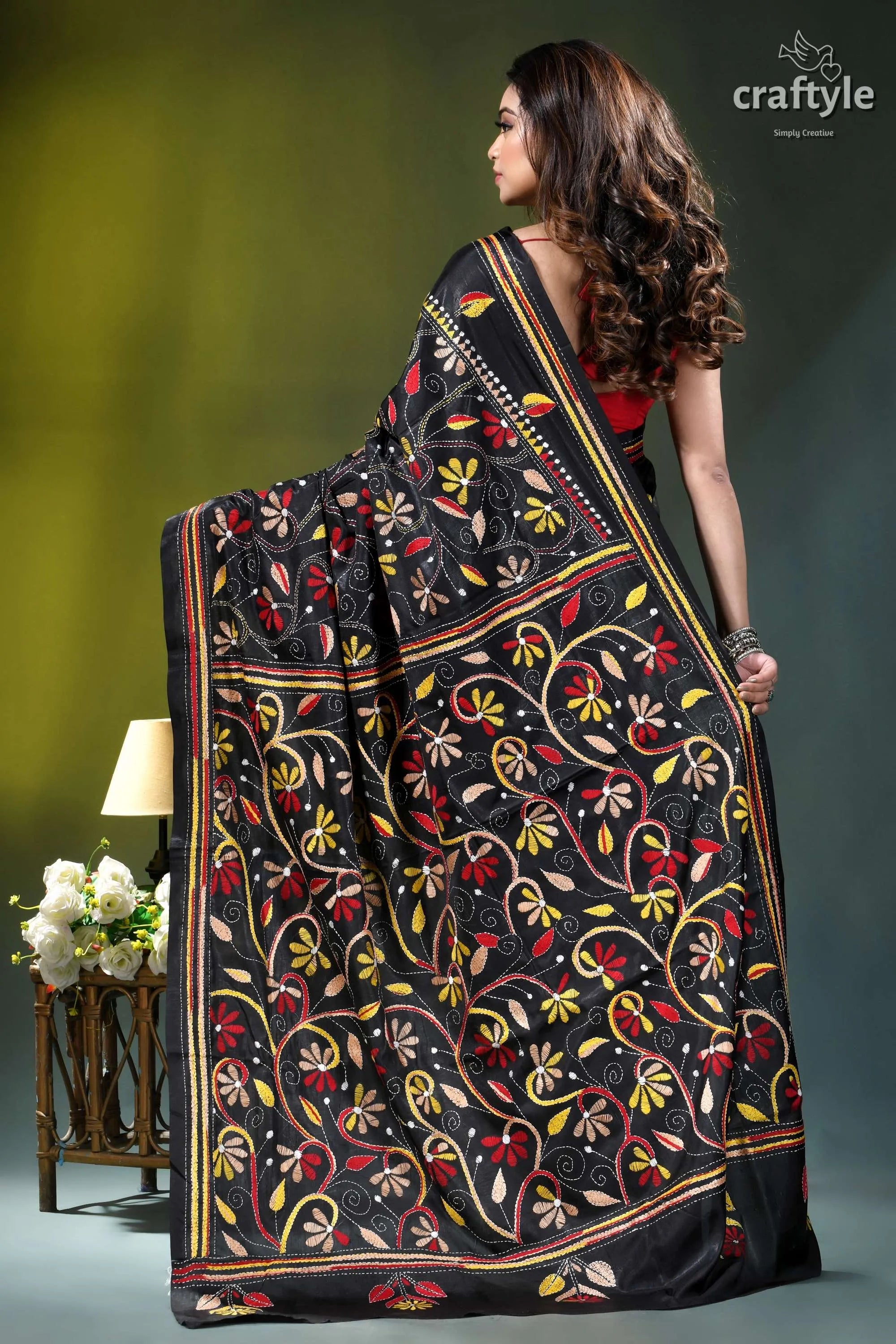 Zade black multi-thread floral design silk kantha stitch saree black embroidered saree intricate floral 5
