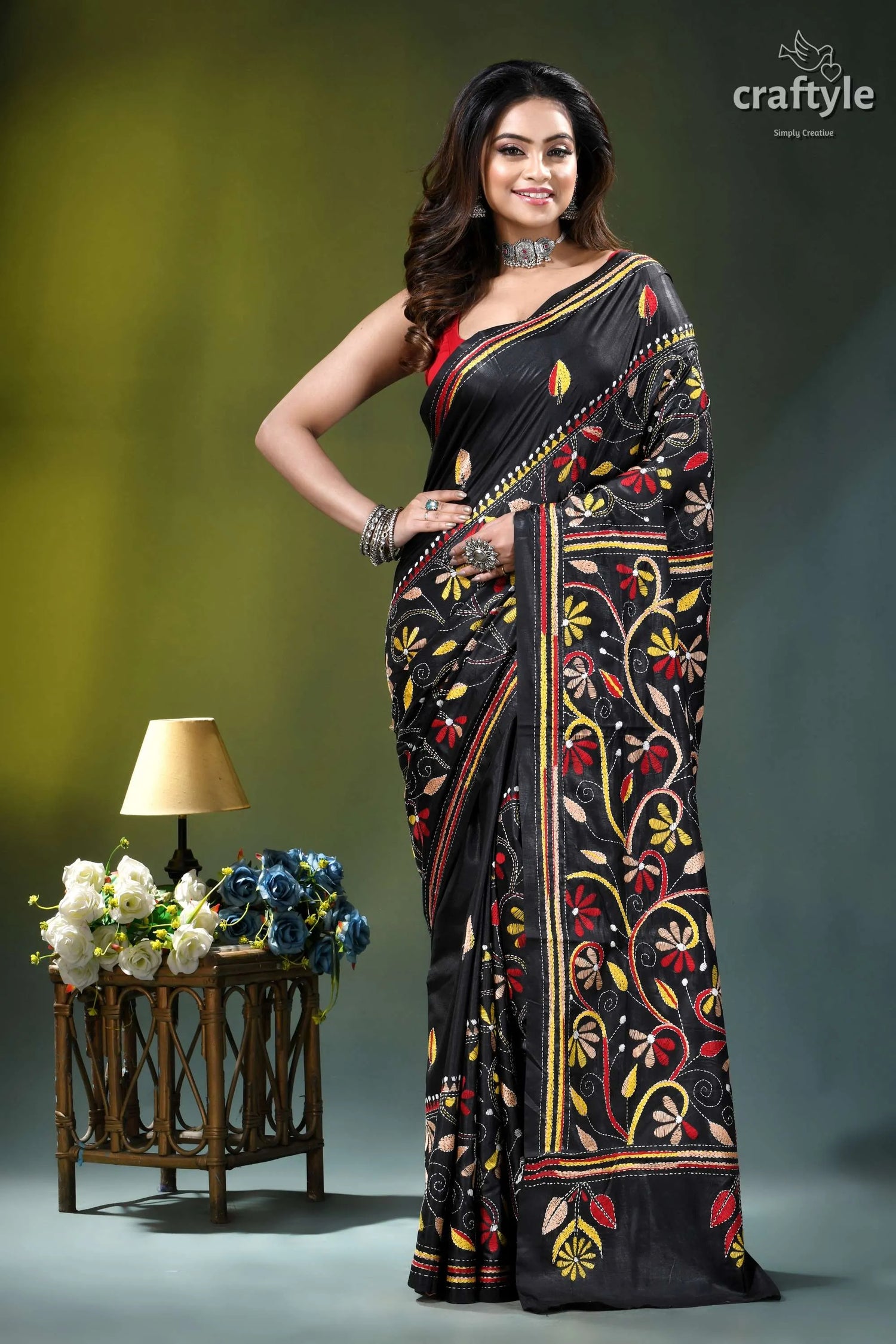 Zade black multi-thread floral design silk kantha stitch saree black embroidered saree vibrant red 6