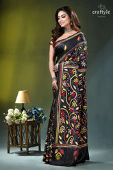 Zade black multi-thread floral design silk kantha stitch saree black embroidered saree vibrant red 3