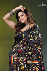 Zade black multi-thread floral design silk kantha stitch saree black silk saree adorned intricate 2