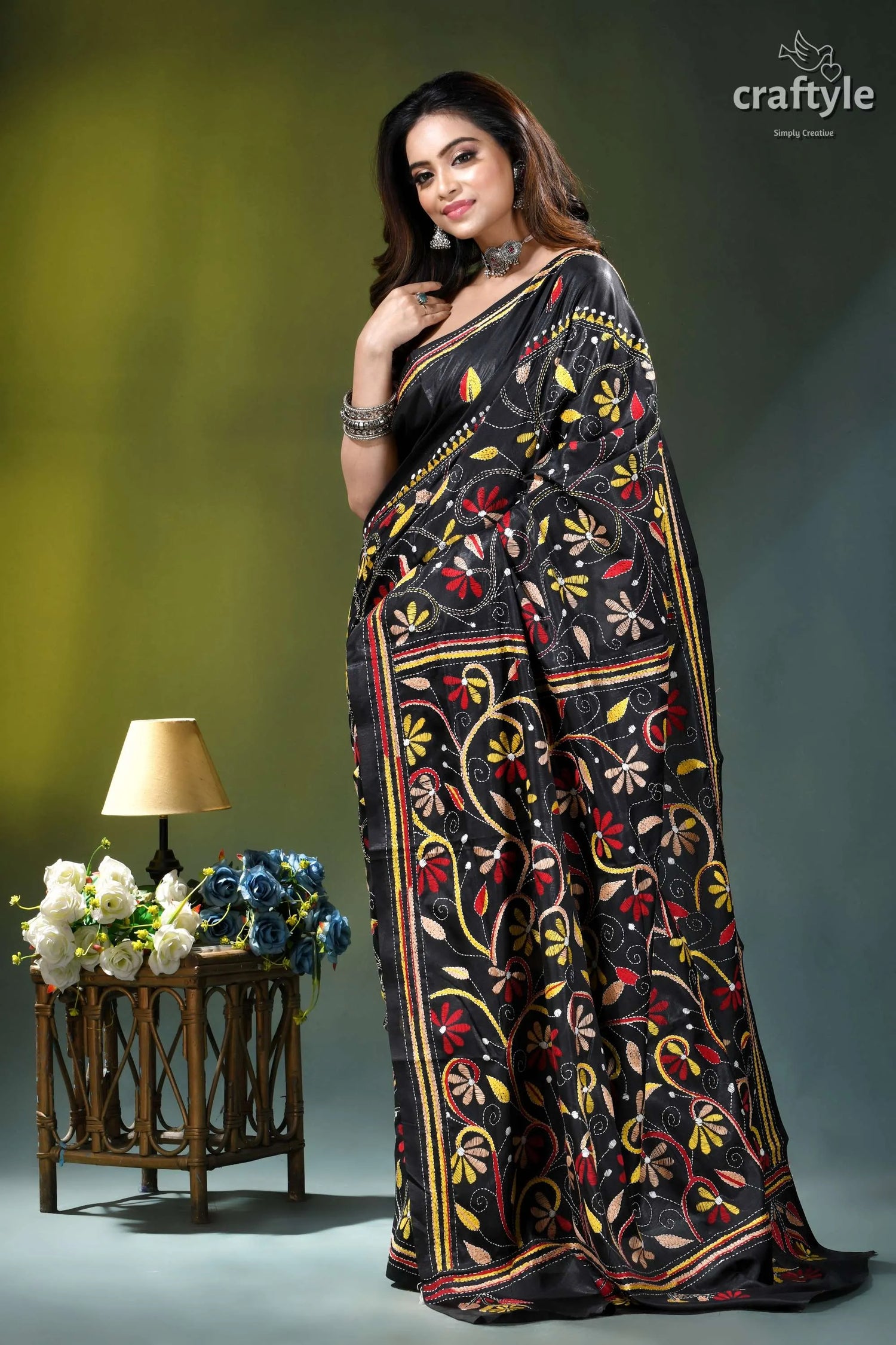 Zade black multi-thread floral design silk kantha stitch saree black silk saree intricate floral 4