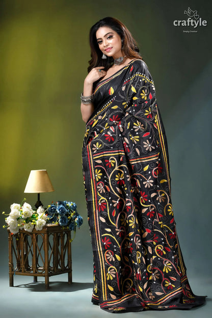 Zade black multi-thread floral design silk kantha stitch saree black silk saree intricate floral 4