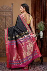 Zari Border Bomkai Silk Saree with Raisin Black Design - Craftyle