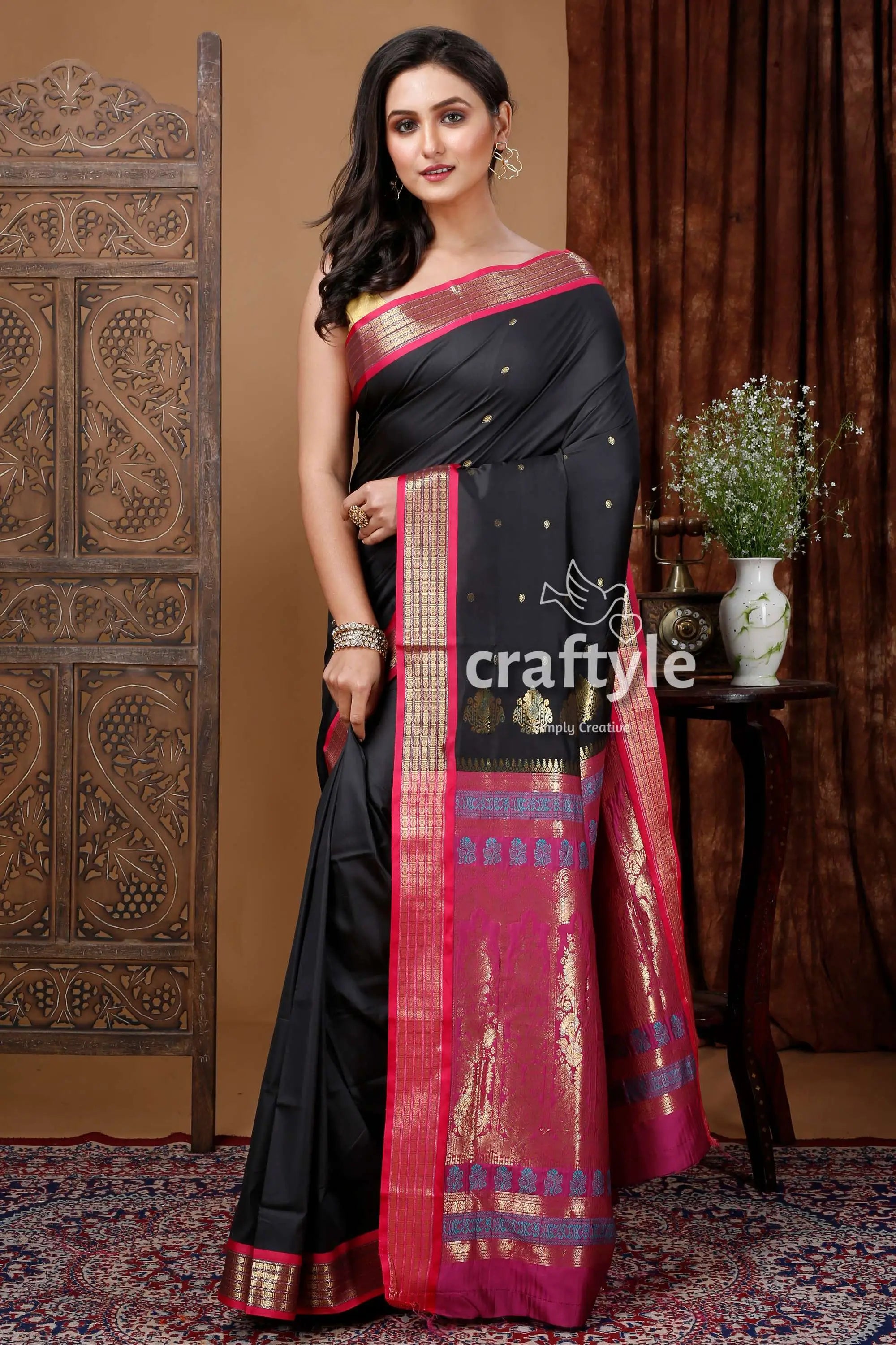 Zari border bomkai silk saree with raisin black design black saree pink gold border 3