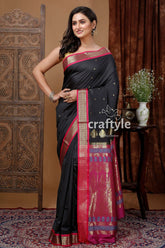 Zari border bomkai silk saree with raisin black design black saree pink gold border 1