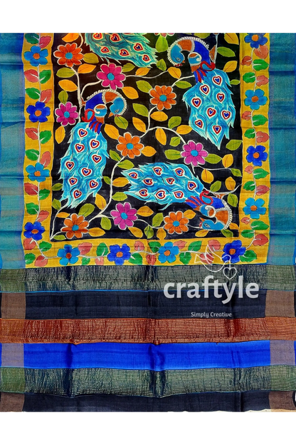 Zari border hand-painted pure tussar kalamkari silk sari with peacock design colorful peacock floral patterned fabric 6