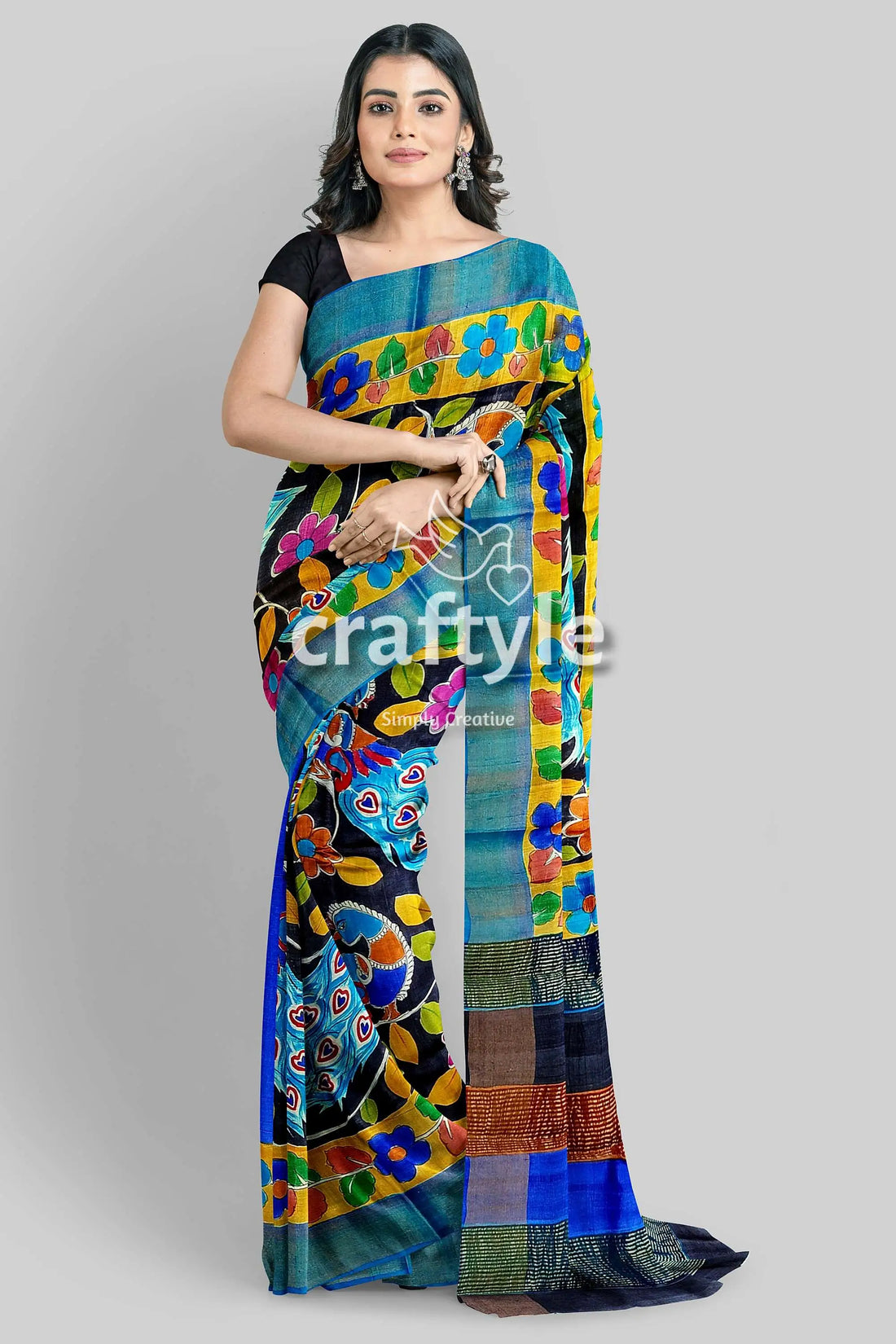Zari border hand-painted pure tussar kalamkari silk sari with peacock design colorful floral-patterned saree 2