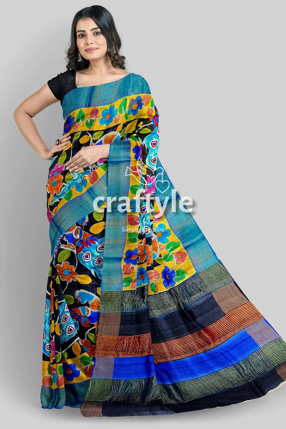 Zari border hand-painted pure tussar kalamkari silk sari with peacock design woman colorful floral saree 1