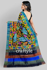 Zari Border Hand-Painted Pure Tussar Kalamkari Silk Sari with Peacock Design - Craftyle