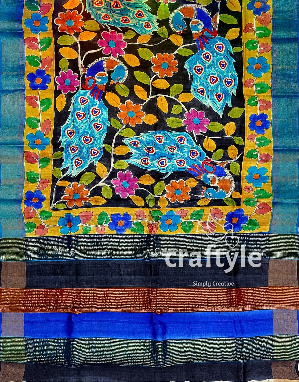 Zari Border Hand-Painted Pure Tussar Kalamkari Silk Sari with Peacock Design - Craftyle