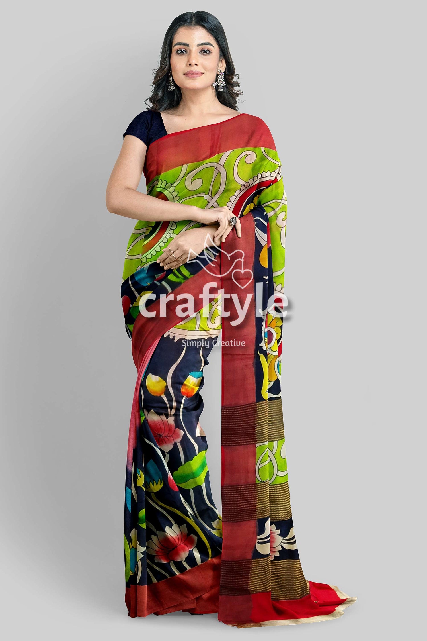 Zari Border Pure Pure Tussar Kalamkari Saree - Hand Painted Apple Green Design - Craftyle