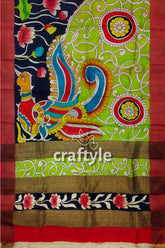 Zari Border Pure Pure Tussar Kalamkari Saree - Hand Painted Apple Green Design - Craftyle