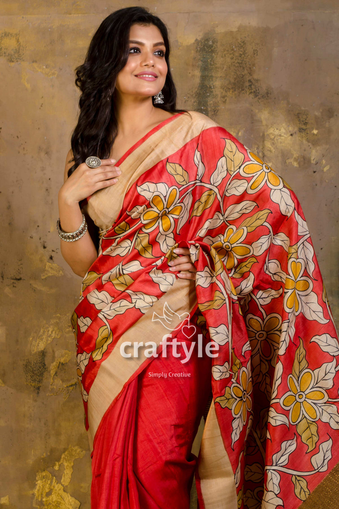 Zari Border Red Pure Tussar Kalamkari Saree - Hand-Painted Traditional Elegance - Craftyle