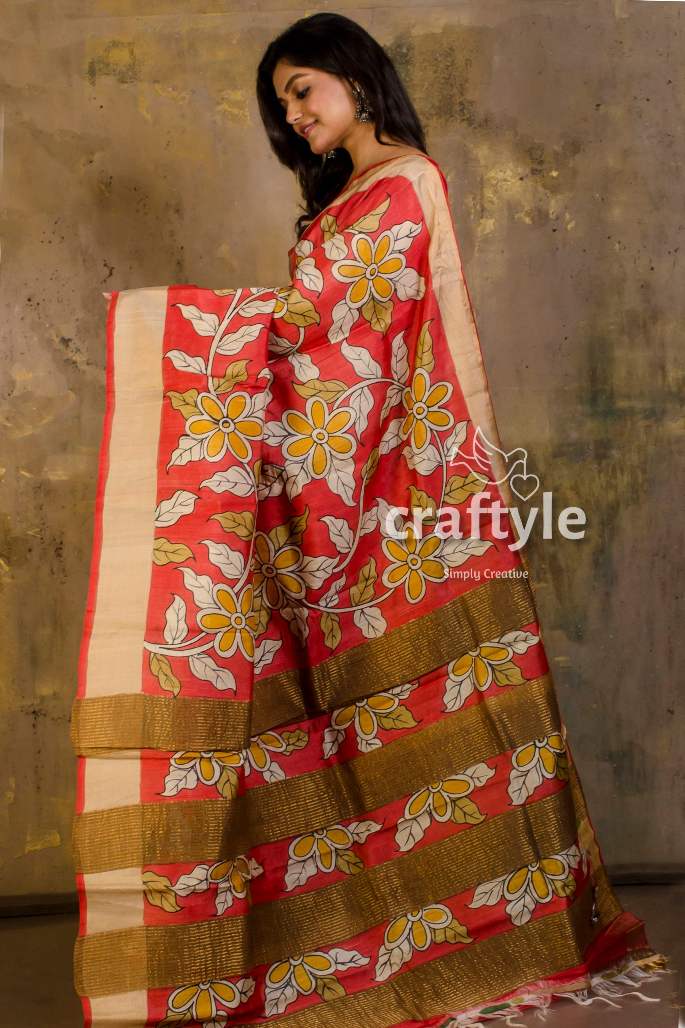 Zari Border Red Pure Tussar Kalamkari Saree - Hand-Painted Traditional Elegance - Craftyle