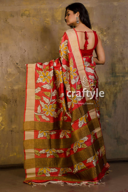 Zari Border Red Pure Tussar Kalamkari Saree - Hand-Painted Traditional Elegance - Craftyle