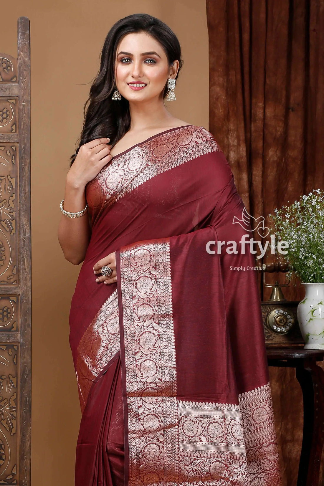 Zari work soft silk manipuri saree in wine berry brown maroon saree silver border 2