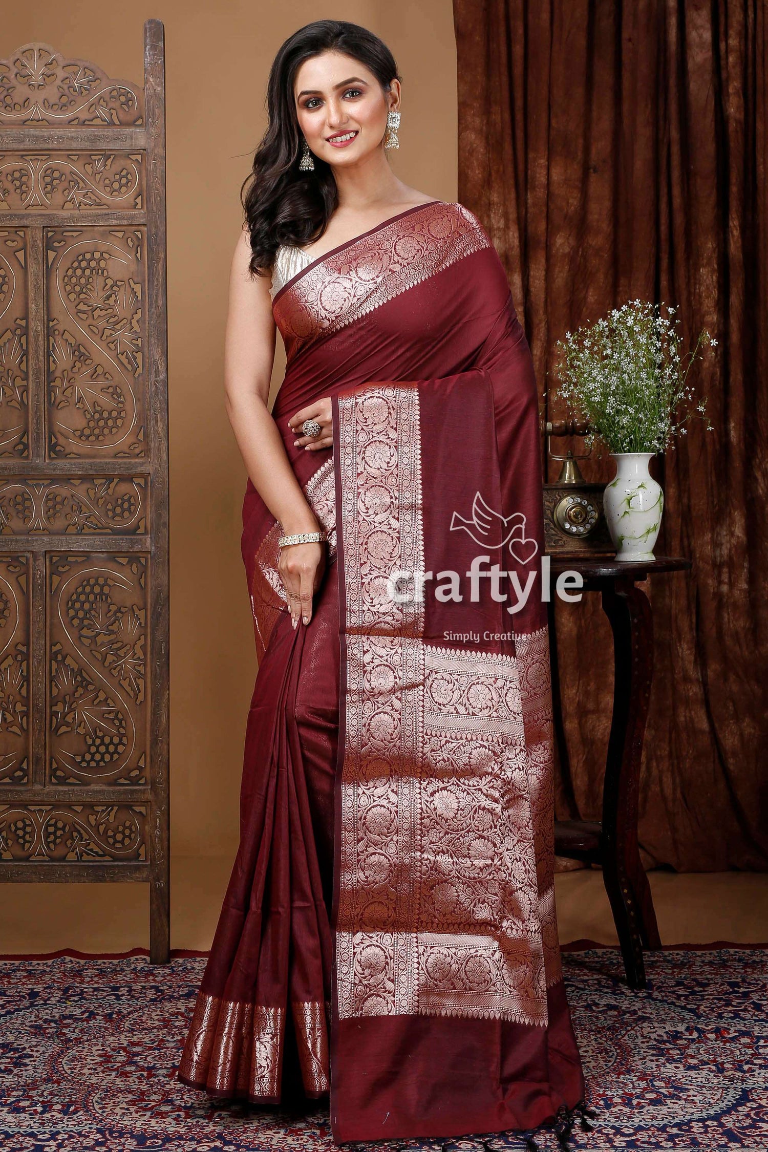 Zari Work Soft Silk Manipuri Saree in Wine Berry Brown - Craftyle