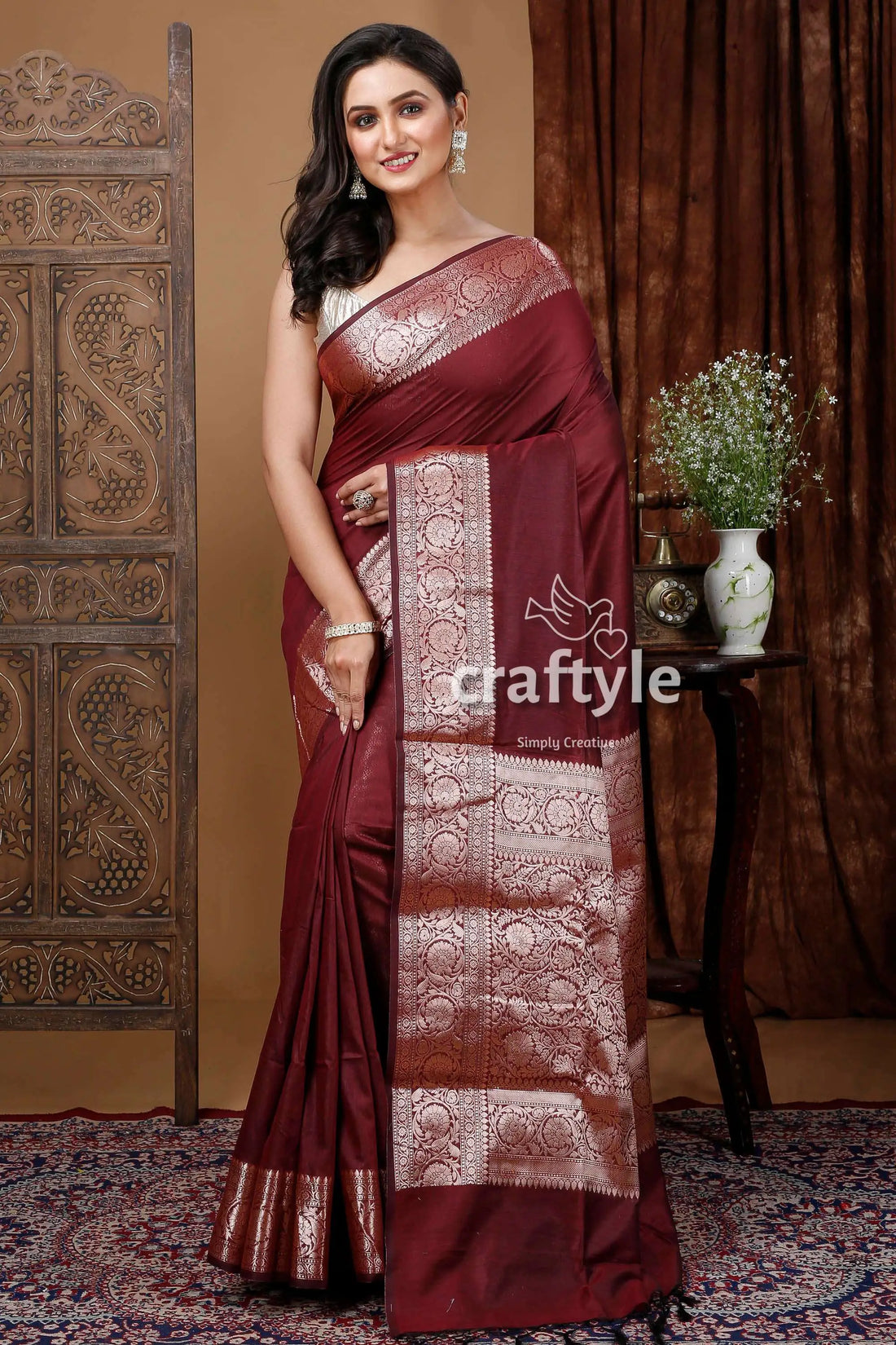 Zari work soft silk manipuri saree in wine berry brown maroon saree silver border 1