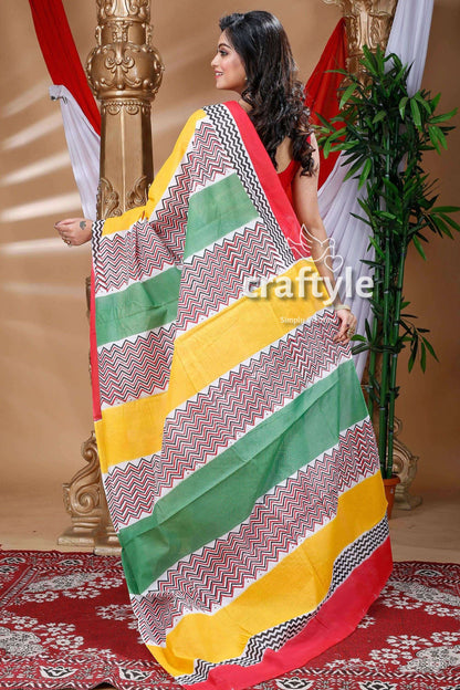 Zigzag Design Multicolor Hand Block Pure Cotton Saree-Craftyle