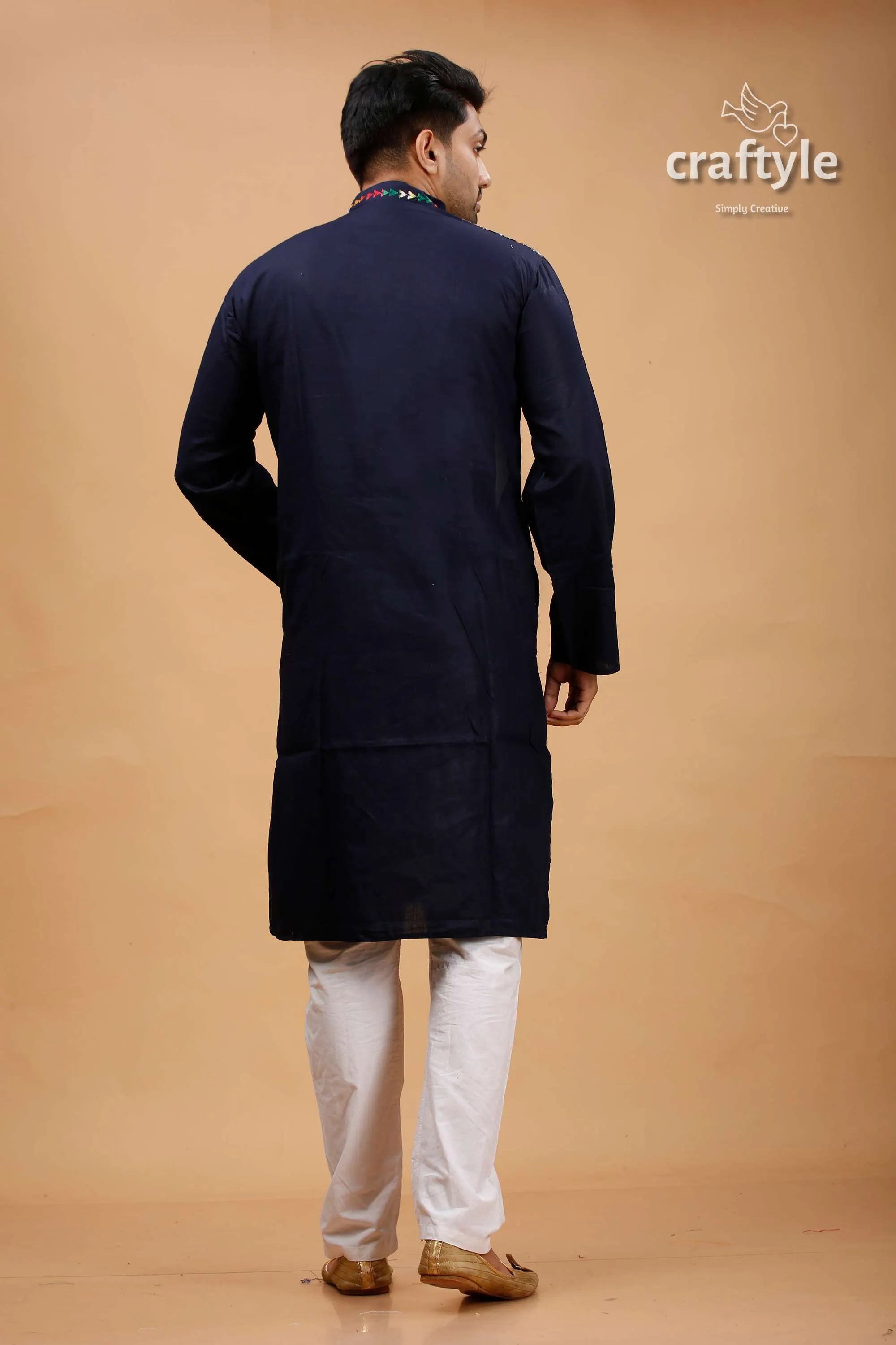 Zodiac blue multicolor kantha work cotton kurta for men 5