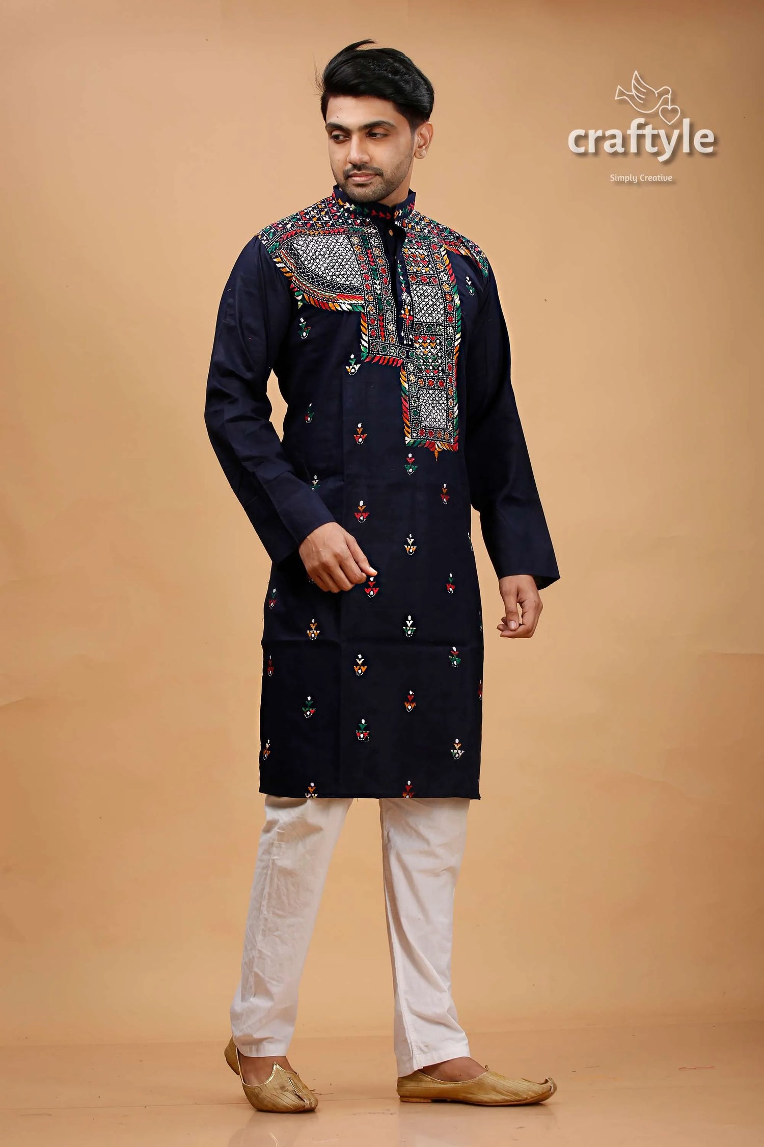 Zodiac blue multicolor kantha work cotton kurta for men 3