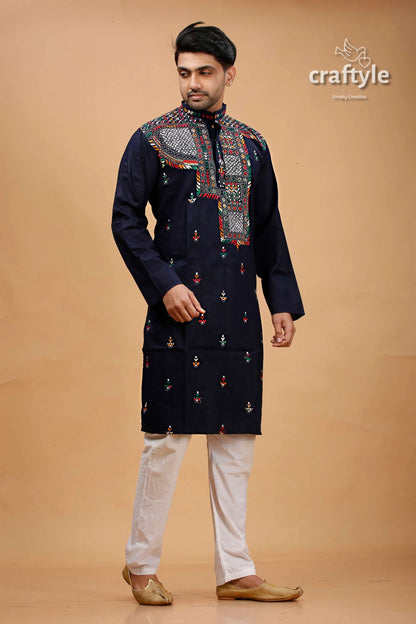 Zodiac blue multicolor kantha work cotton kurta for men 3
