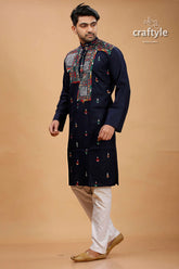 Zodiac blue multicolor kantha work cotton kurta for men 4