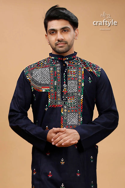 Zodiac blue multicolor kantha work cotton kurta for men 2