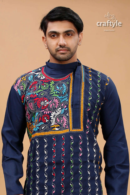 Zodiac blue multicolor kantha work cotton kurta for men embroidered blue kurta 2