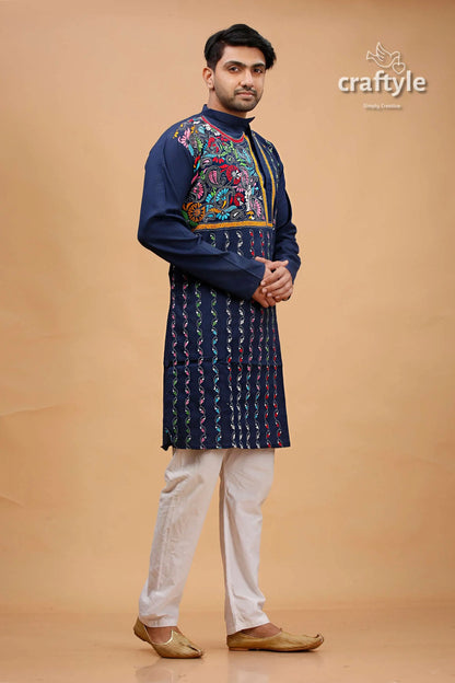 Zodiac blue multicolor kantha work cotton kurta for men embroidered navy kurta white pants 4